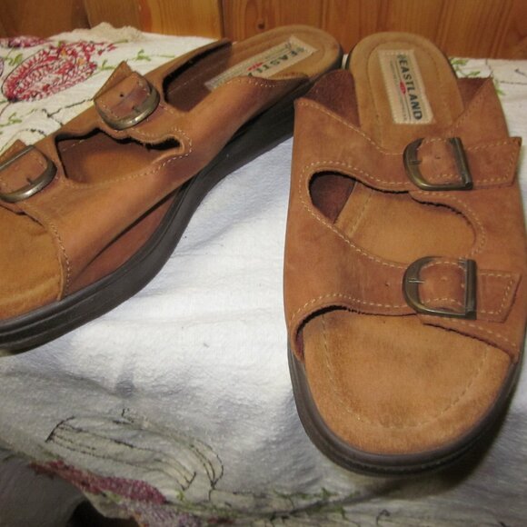 Vtg leather double strap ladies boho slip on sandals brown 11 M new - Picture 3 of 5